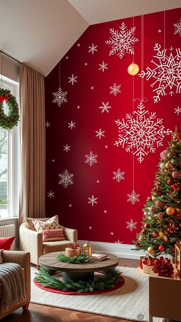 Dark red Christmas wallpaper with snowflakes and ornaments in a festive living room.
